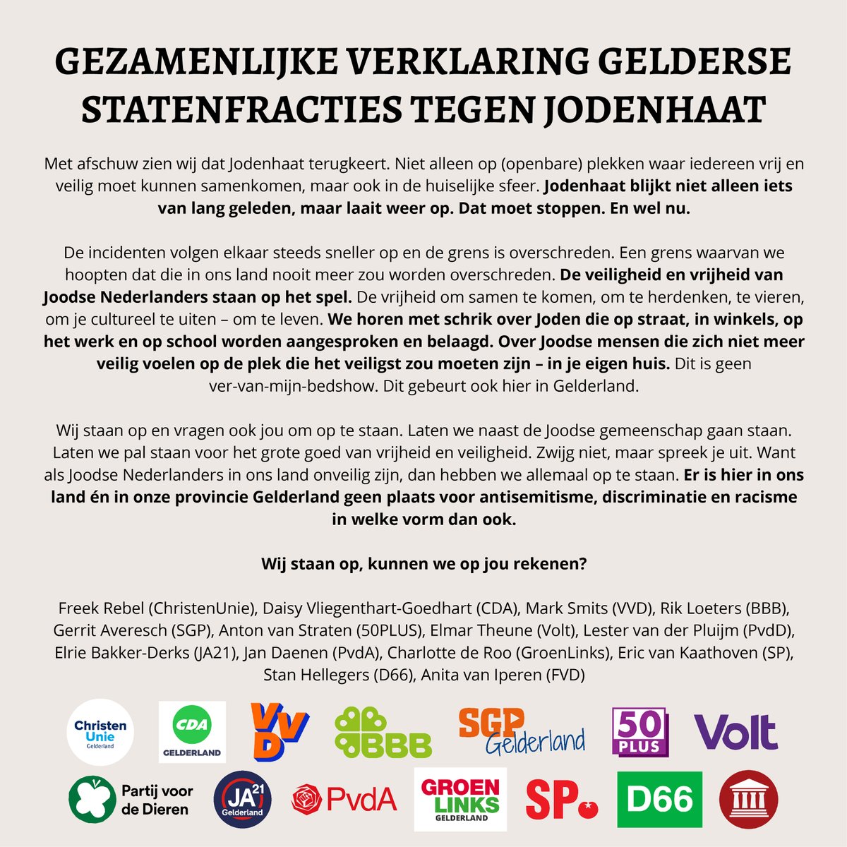 Met afschuw zien we dat Jodenhaat terugkeert. Ook in Gelderland. Samen met andere Gelderse Statenfracties spreken we ons uit: stop dit nu. In Gelderland is geen plaats voor antisemitisme.

#staoptegenantisemitisme