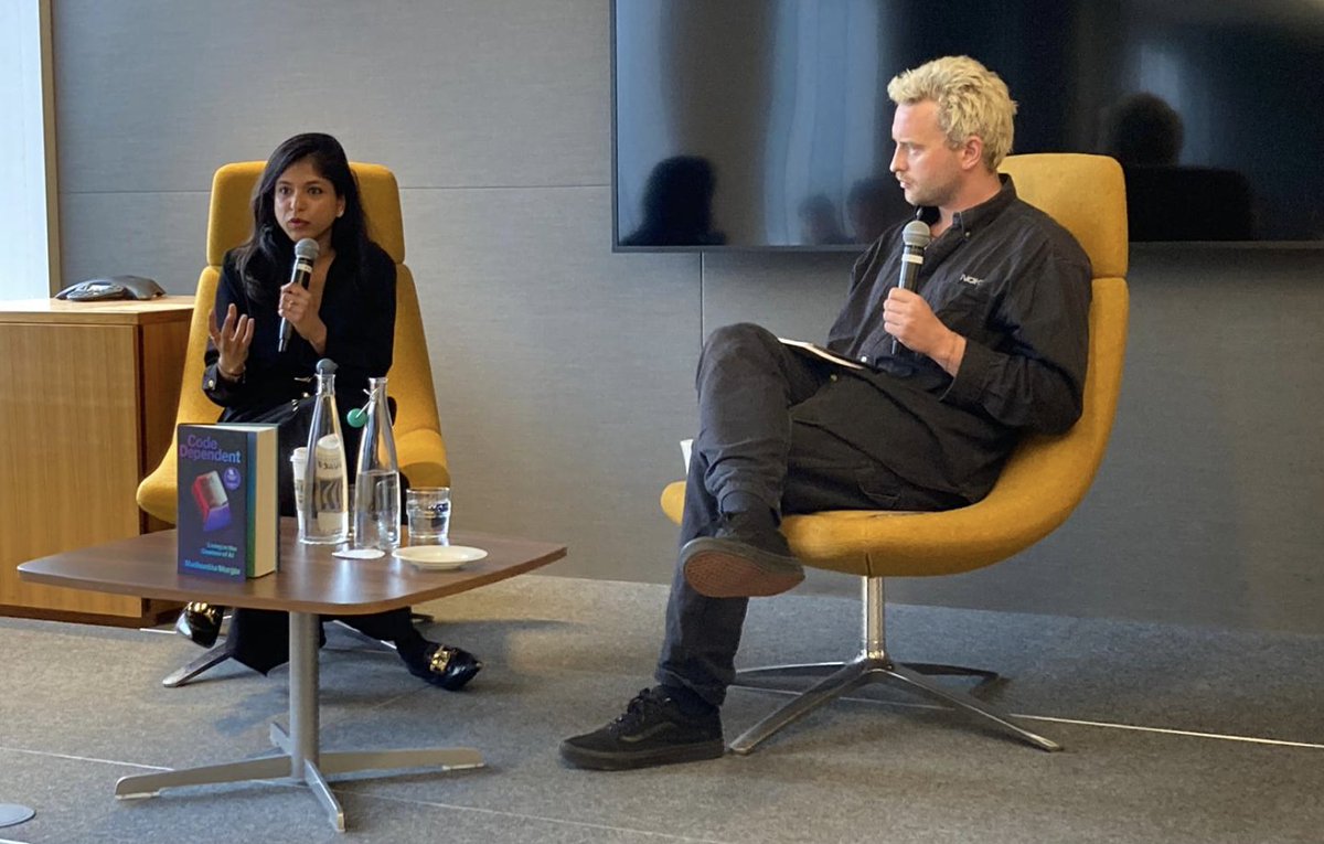Loved speaking to the fab @madhumita29 about her book Code Dependent this morning. It's a very valuable set of accounts of how AI is affecting our lives, our communities and ultimately what makes us human. Go get the book and read it! Big thanks @FTI_SC for organising