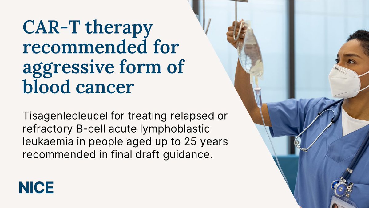 Children and young adults could benefit after a personalised immunotherapy to treat an aggressive form of blood cancer was recommended for routine use.

Tisagenlecleucel was previously available via the Cancer Drugs Fund.

Learn more: nice.org.uk/guidance/gid-t…

#NICENews