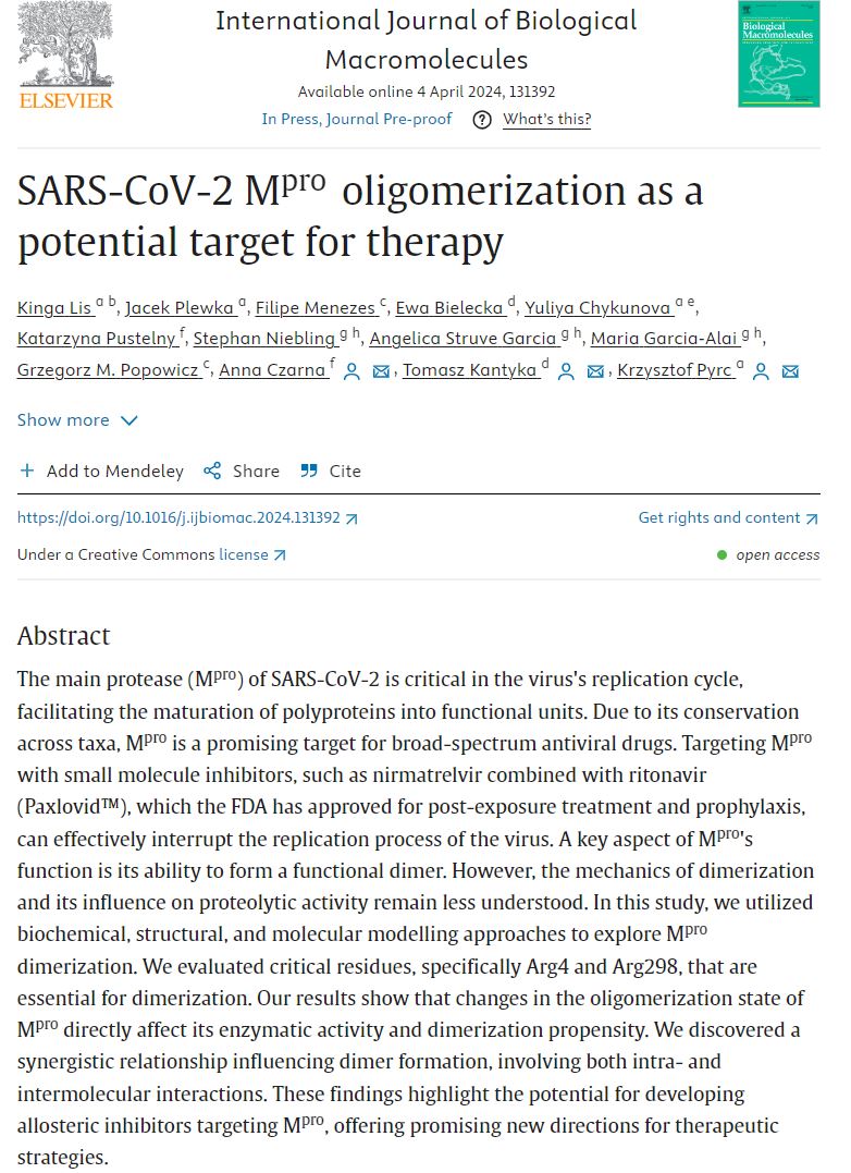 Excited to share our latest collaboration article with our colleagues in Poland on studying the oligomerization state of Mpro SARS-CoV-2 🦠! ➡️K. Lis, J. Plewka, F. Menezes, et al., SARS-CoV-2 Mpro oligomerization as a potential target for therapy. doi.org/10.1016/j.ijbi…