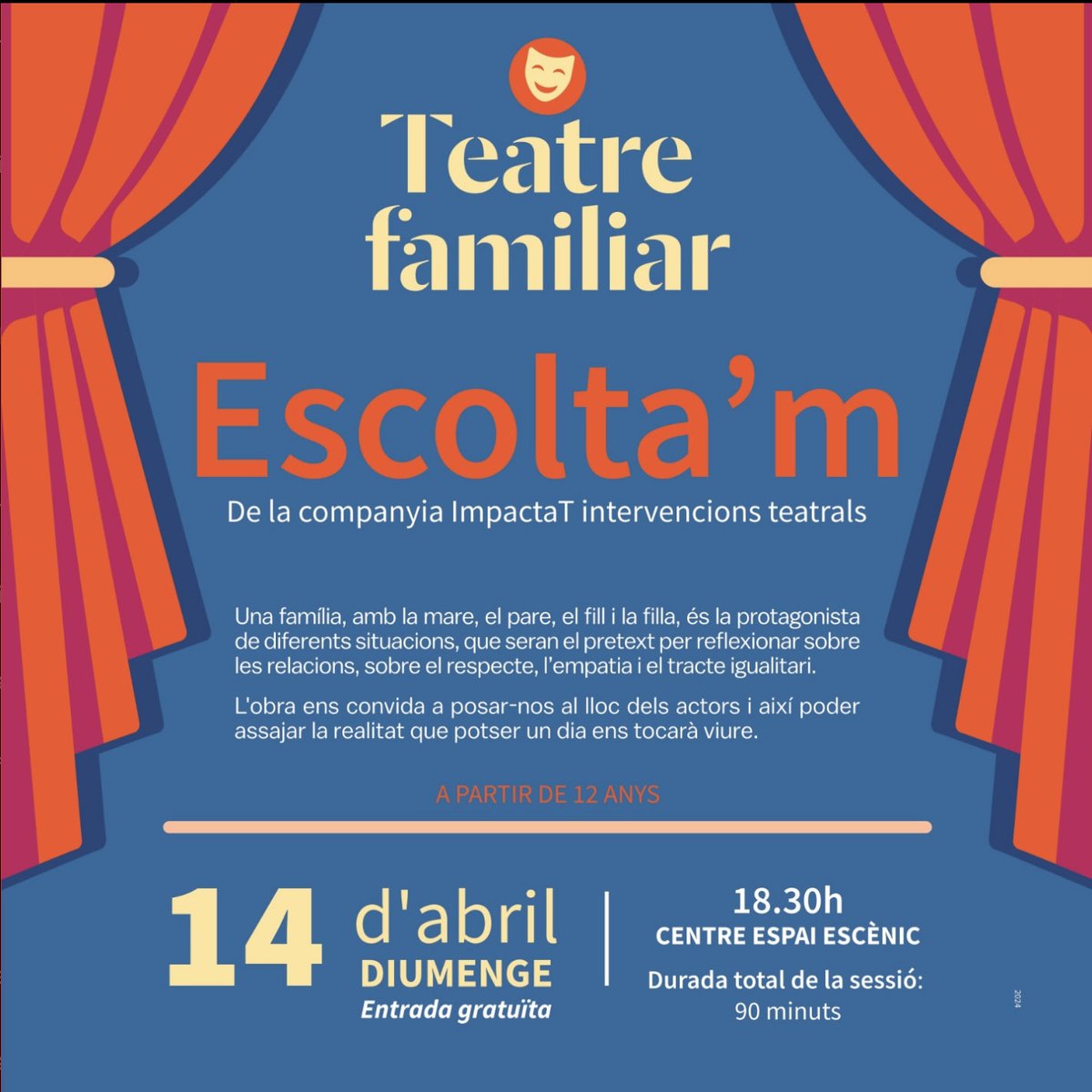 ESCOLTA'M.
#TeatreFòrum sobre coeducació en l'àmbit familiar.

Vine, t’esperem. 

Entrada lliure!

#elCentru #Castellterçol #artsesceniquesalmoianes #impactatBCN