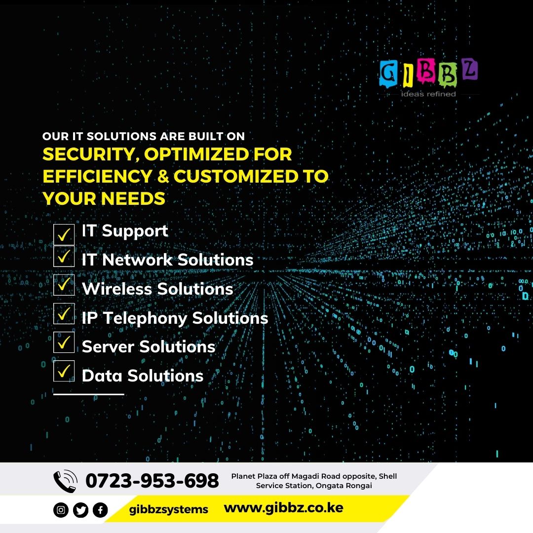 Proper #ITsupportservices take the troubleshooting out of your team’s hands, minimizing downtime and allowing your staff to focus on what matters - completing projects.

Learn more Contact us at 0723953698!
#cloudsecurity #gibbzke #gibbzsystems