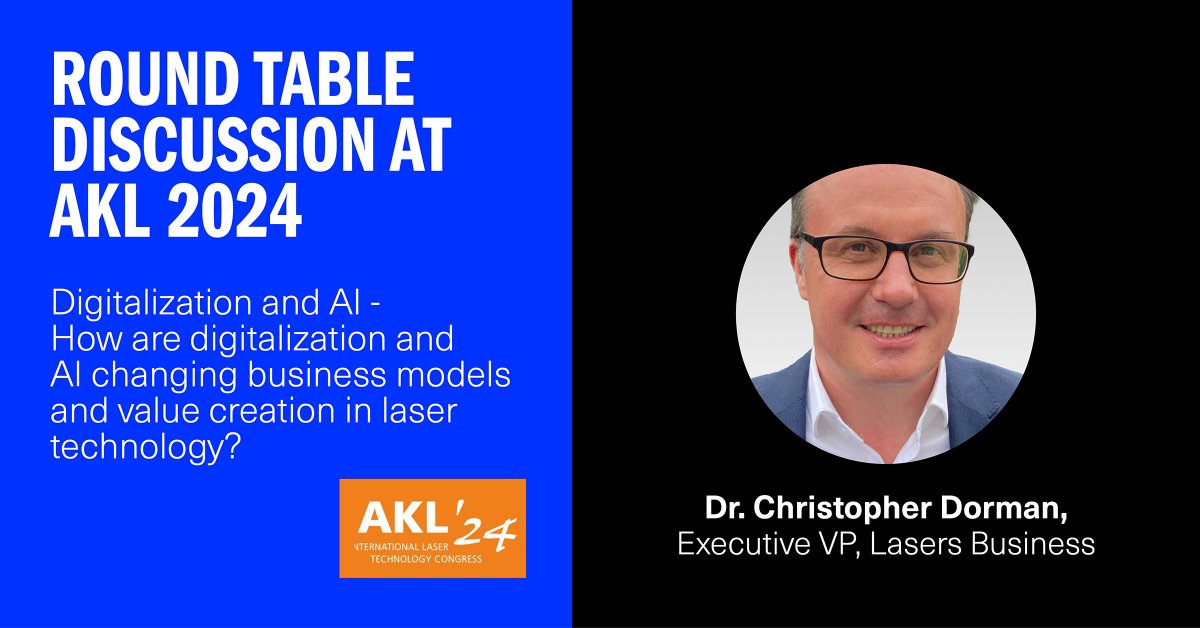 Don't miss Dr. Christopher Dorman, Executive Vice President, Laser Business, participating in a panel discussion at #AKL24 on digitalization and AI in laser technology. 📅 April 18 🕘 9 am CEST 📍 Eurogress Aachen, Germany Full program bit.ly/4aiDB9i #lasercongress