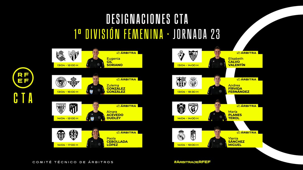 ⚖️ DESIGNACIONES | Primera División Femenina Estas son las árbitras que dirigirán los ocho duelos de la jornada 2️⃣3️⃣ del torneo. 🔗bit.ly/DESJ23PrimeraF… #ArbitrajeRFEF | @CTARFEF