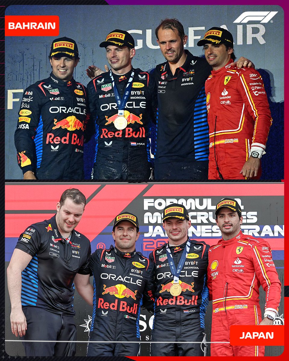 Lightning strikes twice! ⚡️⚡️ Max, Checo and Carlos featured on the podium in both Bahrain and Japan... how many more trips to the rostrum for this trio in 2024? 🍾 #F1