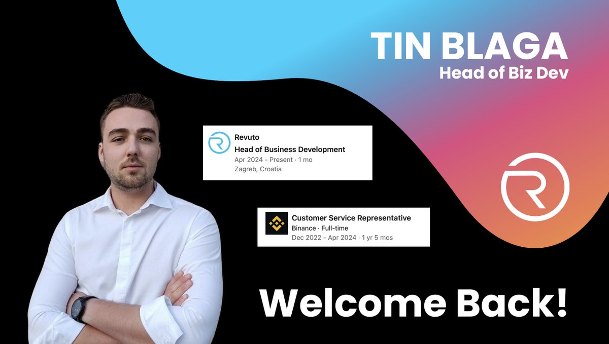 It's time for the #Revuto family to return to sitting at the same table. As we said, we're welcoming back some familiar faces, and today, we're announcing Tin Blaga, who left his position at @binance to help us run the Business Development department. It's always great to see…