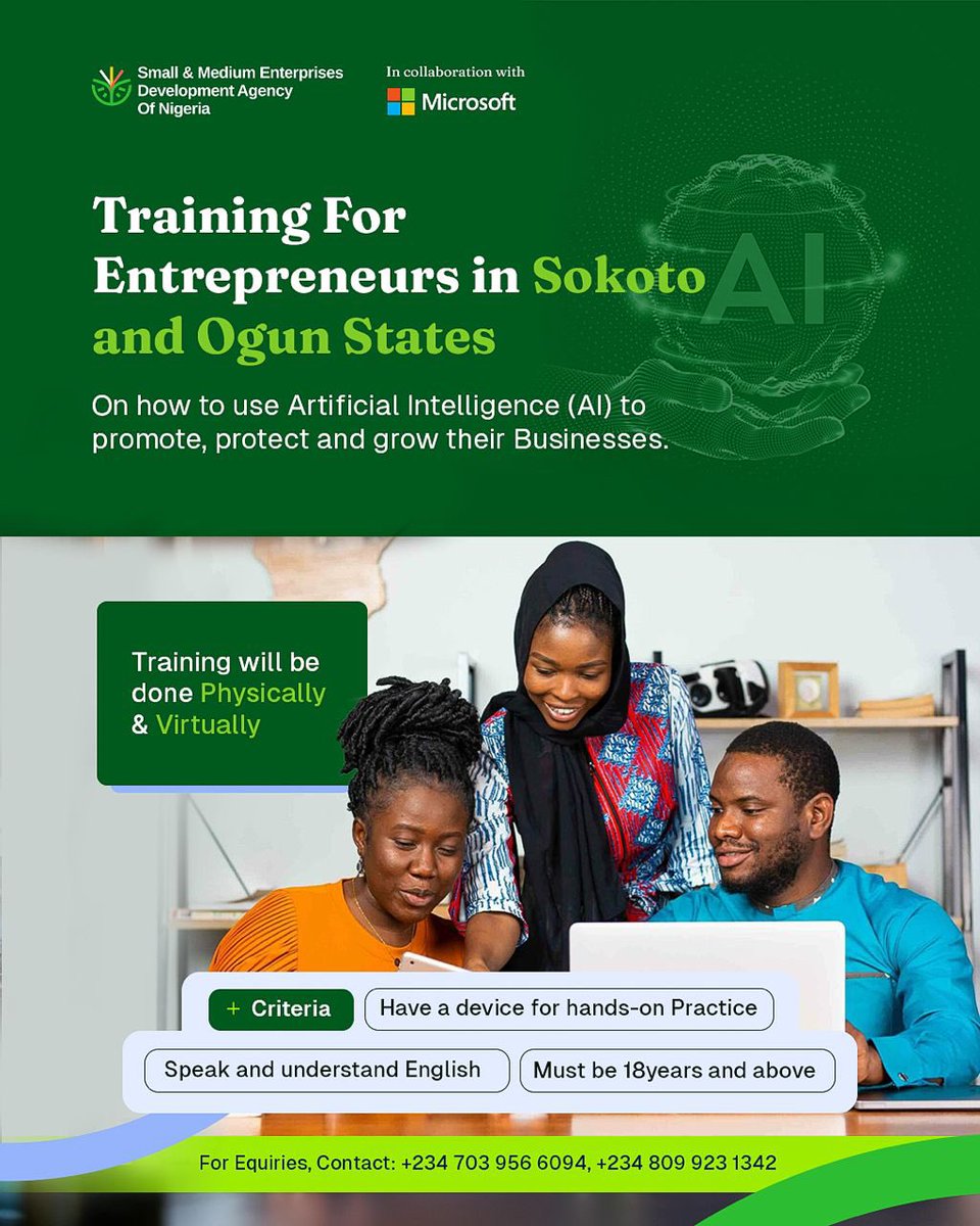 Together with @MicrosoftNG, we’re providing certified training to entrepreneurs in Sokoto and Ogun States on using AI to promote, protect, and grow their businesses. Please click the following link to apply and for more details: forms.gle/ruEGgZBq75JcCk… #HereForProsperity