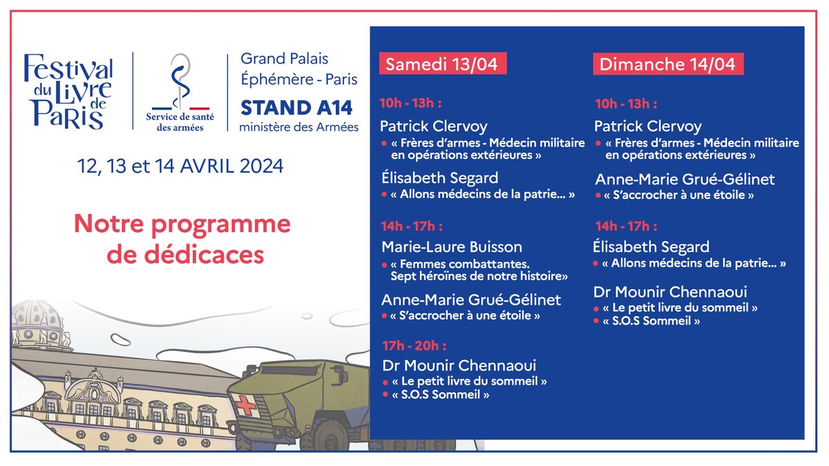 🚨Alerte dédicaces au @festival_livre📚 Ce week-end, rencontrez les auteurs du Service de #santé des #armées pour des séances de dédicaces sur le stand A1⃣4⃣ du @Armees_Gouv 🧐Informations⤵️ #CohésionDéfense #LeMinarmSeLivre