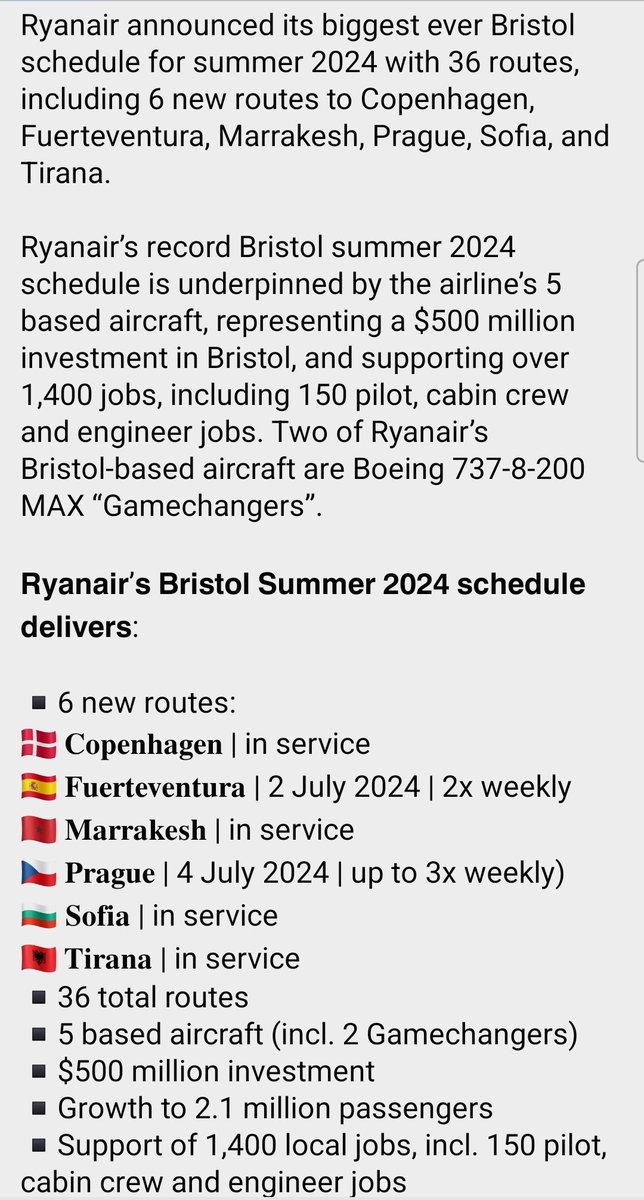 #Ryanair announced its biggest ever #Bristol schedule for summer 2024 with 36 routes, including 6 new routes to Copenhagen, Fuerteventura, Marrakesh, Prague, Sofia, and Tirana. 📷 ©Ryanair #uk #aviation #AvGeek #avgeeks #flights #Travel #traveler