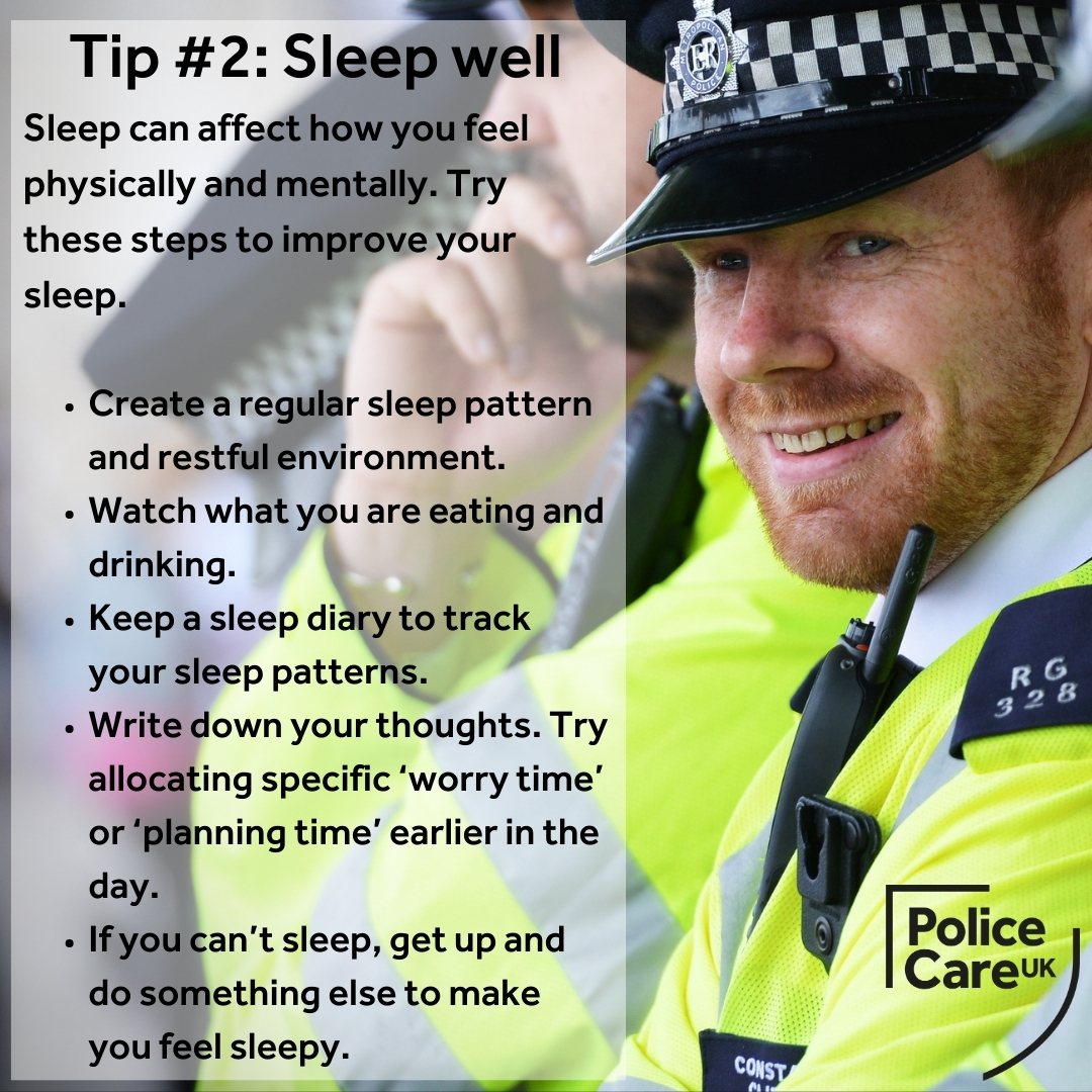 In #StressAwarnessMonth, Police Care UK is sharing tips to help you manage your stress. Up next is sleep. We provide clinical therapy and financial assistance to help police officers recover physical and mental health. For more visit policeare.org.uk. #MentalHealthMatters