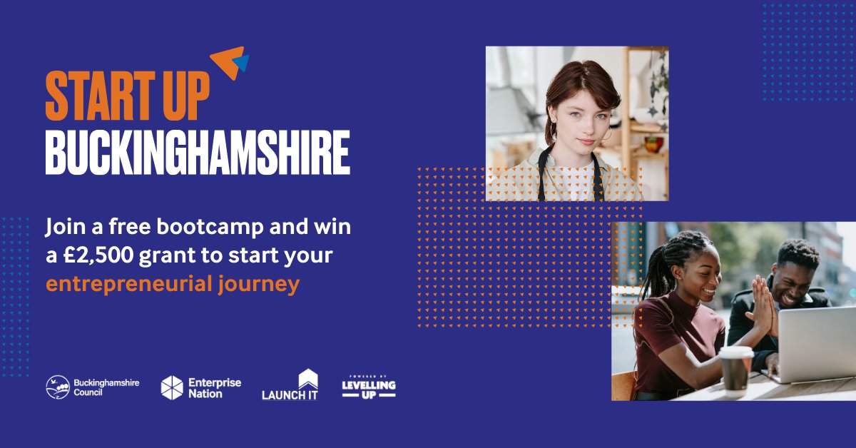 Are you based in #Buckinghamshire? Join a free entrepreneurs' bootcamp and learn how to start or grow a business. Plus, you could win a £2,500 grant to move your start-up forward 🚀 Apply today 👉 ow.ly/JmlU50R89yB @BucksCouncil @LaunchIt_UK