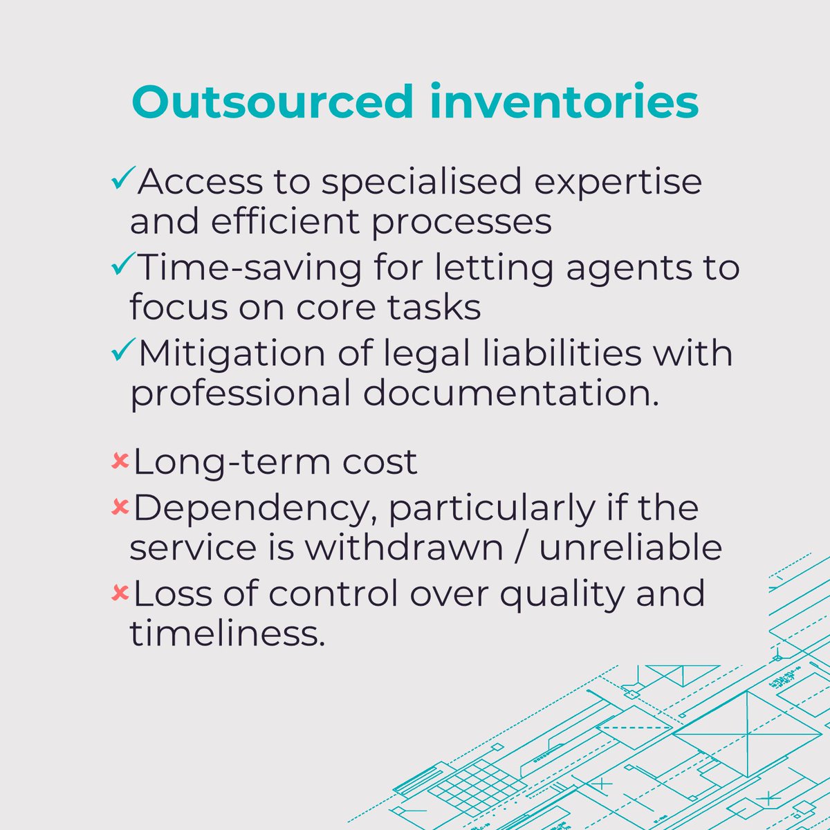 Letting agents know the cost of compiling inventories is high. It's higher if you get it wrong. Scroll to see the pro's and con's of outsourcing inventories vs doing them in-house. Learn more: ow.ly/YfvZ50R98fB #Lettings #PropertyAgent #PropertyAgency #Propertymark