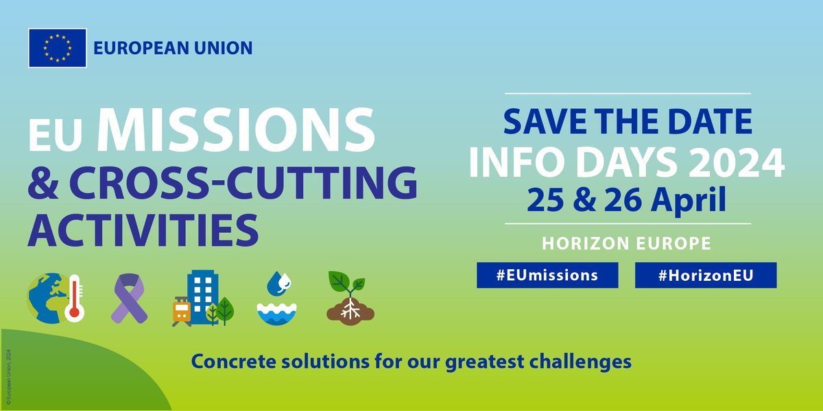 🗓️ Two weeks to go until the #EUMissions Info Days 👉 ow.ly/cWKi50RbhOP

Learn more about the Missions' part of the main #HorizonEU Work Programme 2024, which contains new mission-specific calls and cross-cutting activities to support their full implementation.