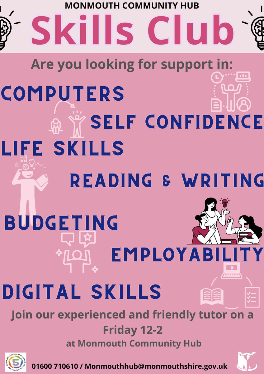 #MonmouthCCHUB 🌟Are you looking for support in: Computers Self Confidence Life Skills Reading & Writing Budgeting Employability Digital Skills Join our experienced and friendly tutor on a Fridays 12-2 at Monmouth Community Hub