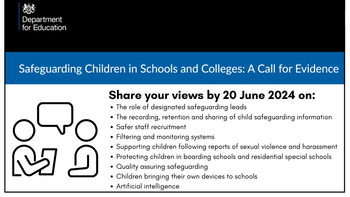 Work in a school, college or safeguarding role? Share your views and good practice to help DfE inform the content of Keeping children safe in education (KCSIE) and shape future safeguarding children in schools and colleges policies: gov.uk/government/cal…
