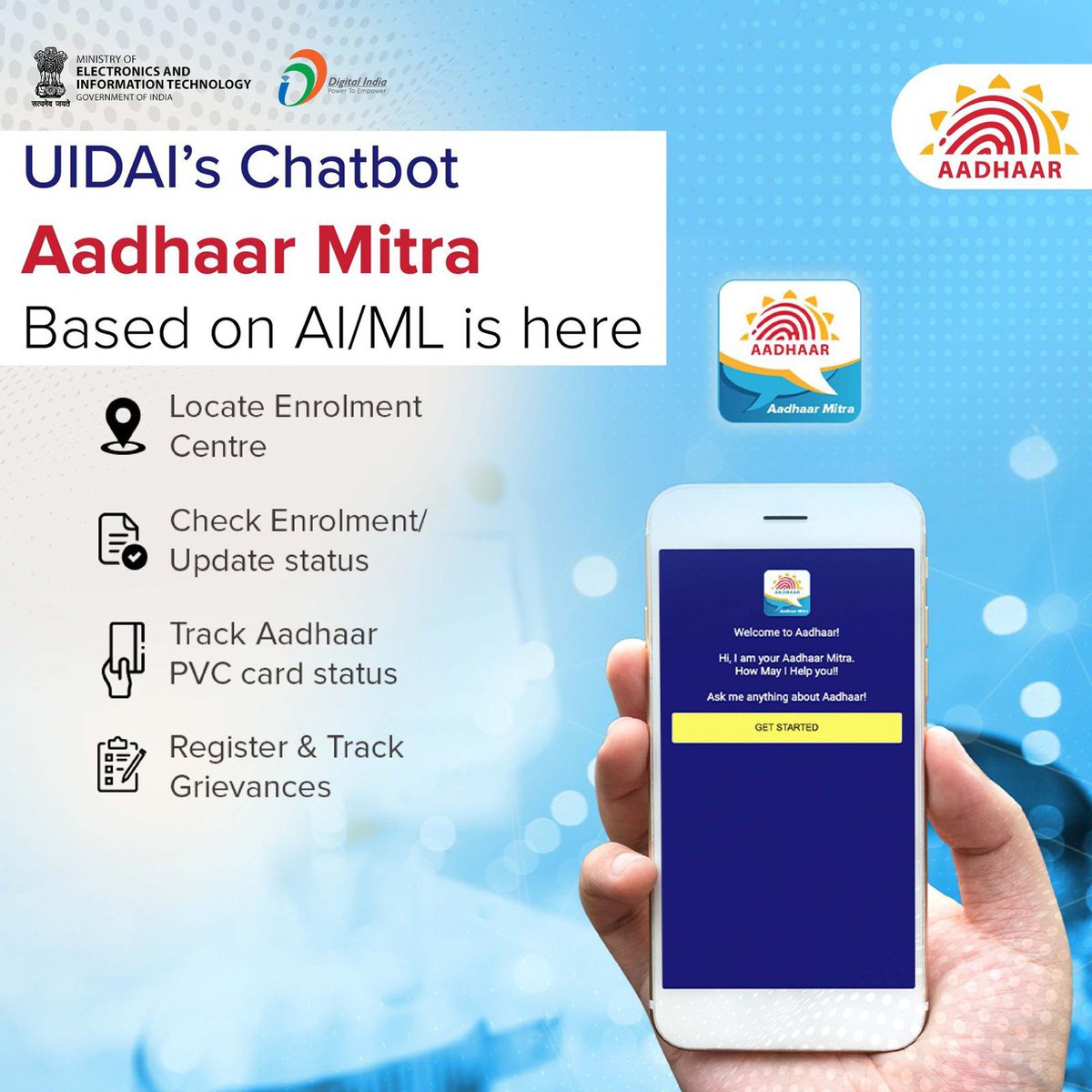 #UIDAI’s AI/ML-based chat support is available for better resident interaction! Now Residents can track #Aadhaar PVC card status, register & track grievances, etc. To interact with #AadhaarMitra, visit- uidai.gov.in