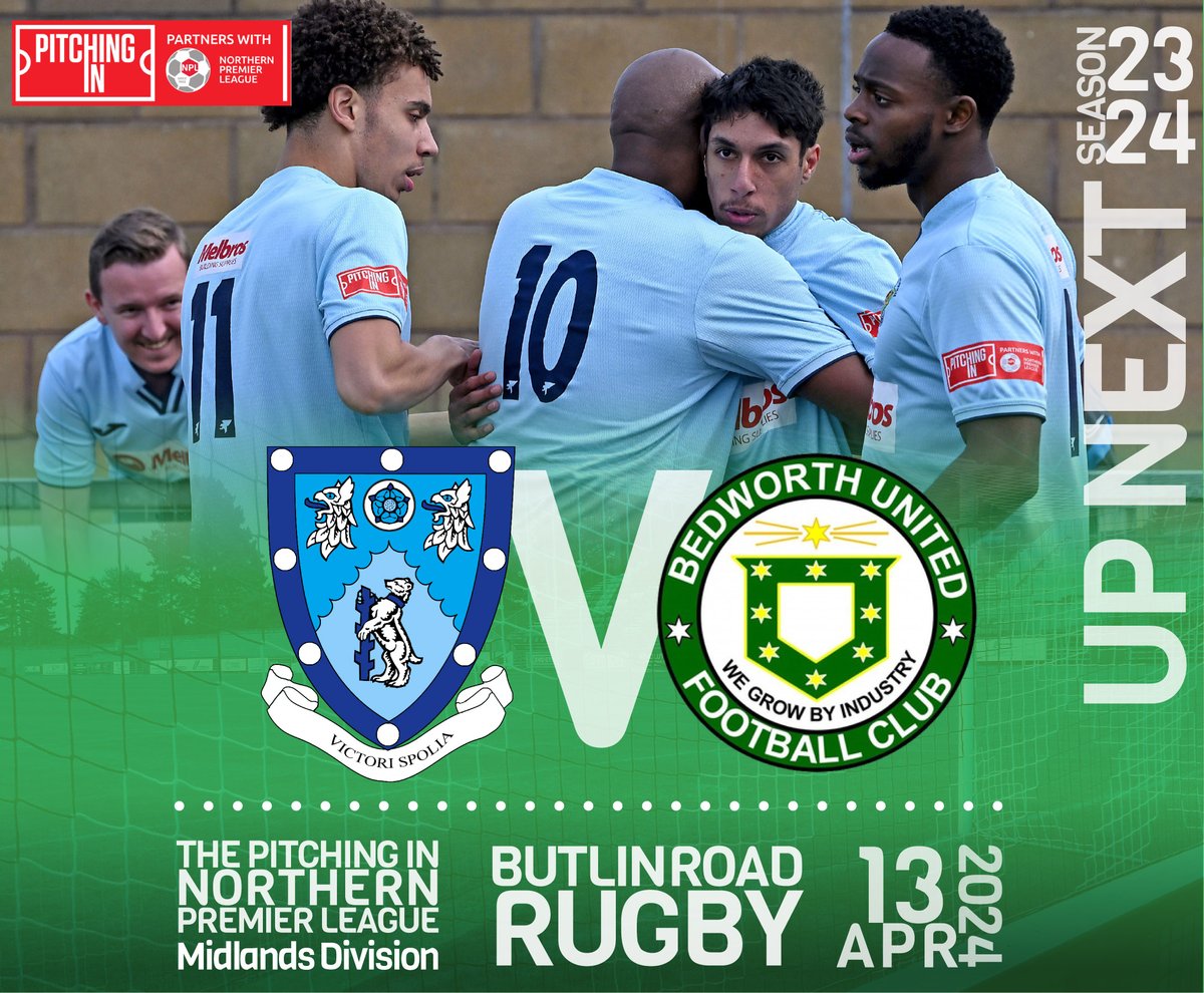 👇 UP NEXT! Rugby v @bedworth_united We're expecting a good crowd at Butlin Road this weekend for the local derby against Bedworth United in the @NorthernPremLge Midlands. 🗓️ Saturday 13 April 🕒 3pm 🎟️ Adults £10 | OAP £5 | U18 £5 | U12 £2 #utv