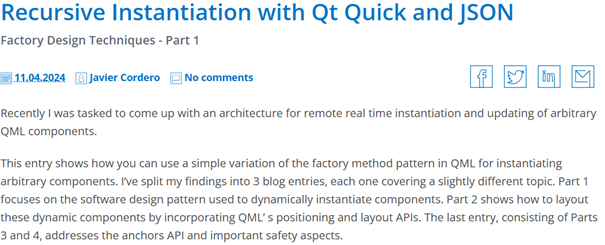 KDABQt's tweet photo. Curious about real-time QML component instantiation? Dive into the factory pattern with part 1 of this blog series. Explore Repeater and Loader for flexible #UIDevelopment and learn how to architect real-time, remote instantiation: https://t.co/UwAP1UBYAT #QML #FactoryPattern https://t.co/OB0ZNNbSEw