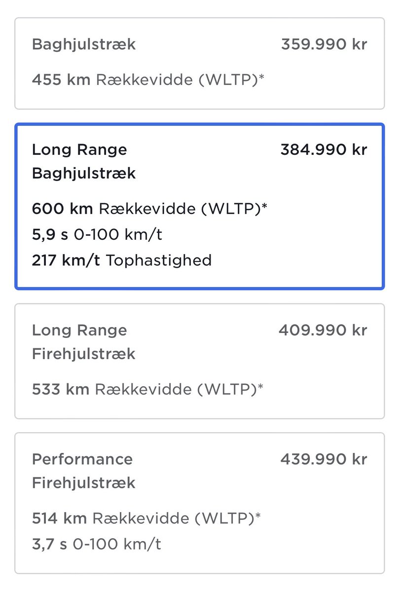 RWD Model Y Long Range now live 🔥

- 600 km of range (WLTP) 🔋
- Starting from kr. 384.990 💰
- 5.9 sec from 0-100 km/h ⚡️

Deliveries start soon 🇩🇰 @elonmusk