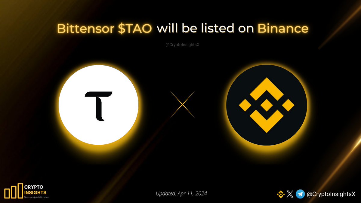 📢 @opentensor $TAO will be listed on @binance 🔸Trading time: 2024-04-11 12:00 (UTC). Bittensor is a decentralized artificial intelligence (AI) platform that combines the power of AI and blockchain technology to create a fair and accessible AI ecosystem. Launched by the…