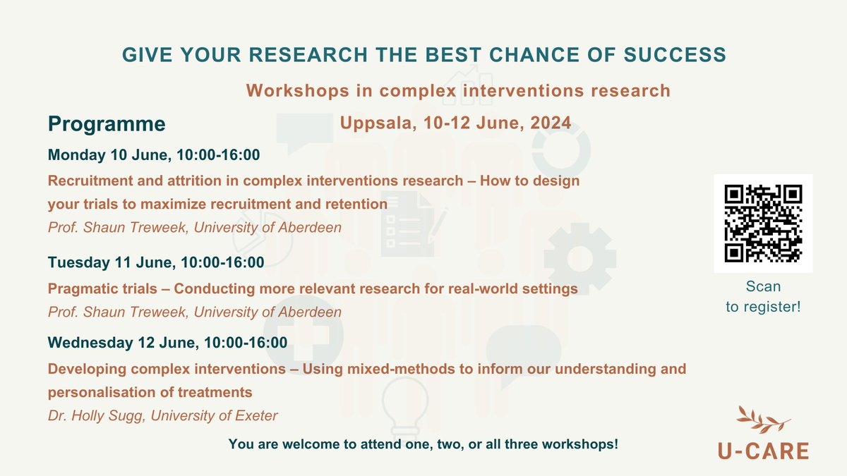 U-CARE (@ucare_uu) on Twitter photo Curious about maximizing trial design, conducting pragmatic trials, and improving healthcare interventions?
Join our workshops in Uppsala June 10-12 on complex interventions research with <a href="/shauntreweek/">Shaun Treweek</a> <a href="/HollySugg2/">Dr Holly Sugg</a>
Register here bit.ly/3VUKVmR Curious about maximizing trial design, conducting pragmatic trials, and improving healthcare interventions?
Join our workshops in Uppsala June 10-12 on complex interventions research with <a href="/shauntreweek/">Shaun Treweek</a> <a href="/HollySugg2/">Dr Holly Sugg</a>
Register here bit.ly/3VUKVmR
