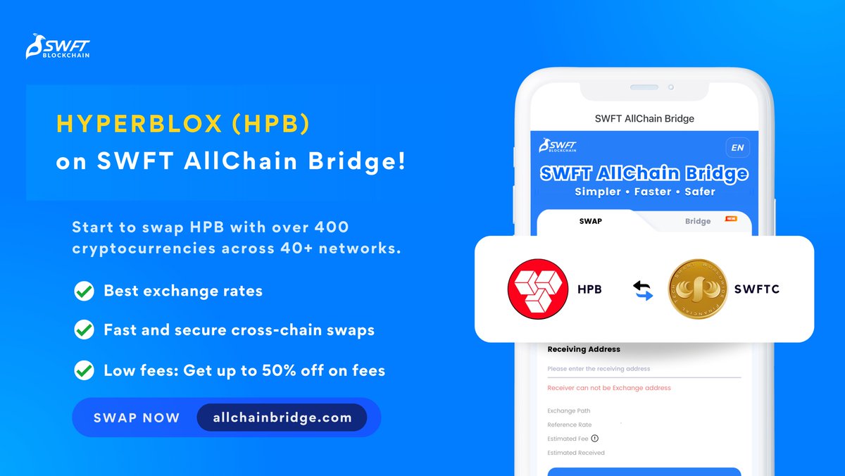 🚨 IT'S BACK! 🚨 We are excited to announce that $HPB from @HPB_Global is available on SWFT AllChain Bridge! Start swapping or bridging $HPB with over 400 #crypto assets across multiple chains and experience faster transaction speeds, low fees, and a user-friendly interface! 💪…