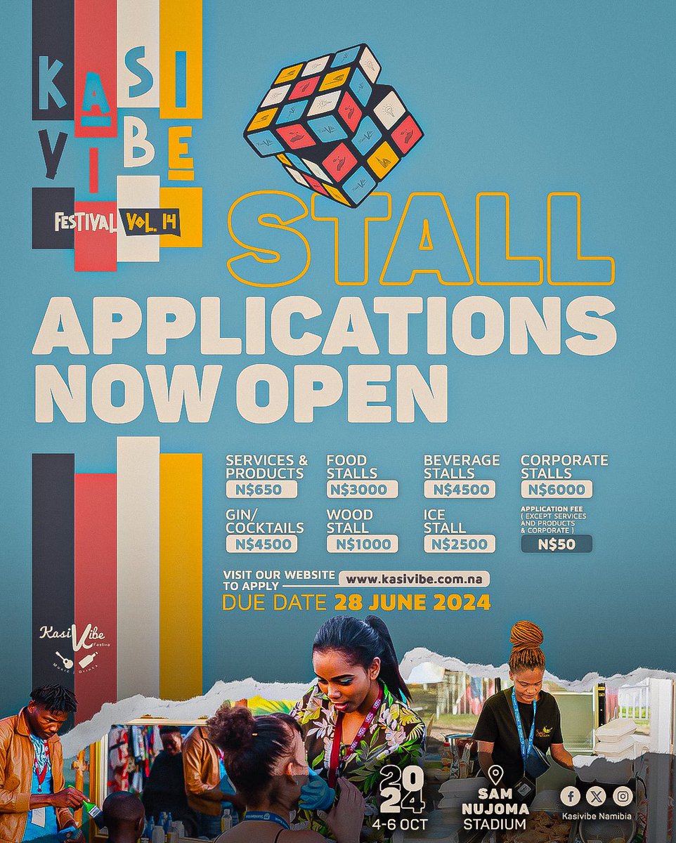 Drumrolls🥁 !!! The applications for stalls are officially open ! Due date to apply is 28 June 2024! Please note the N$50.00 application fee is compulsory except for services/products and corporate stalls. #KasiVibeFestalVol14 loading ….
