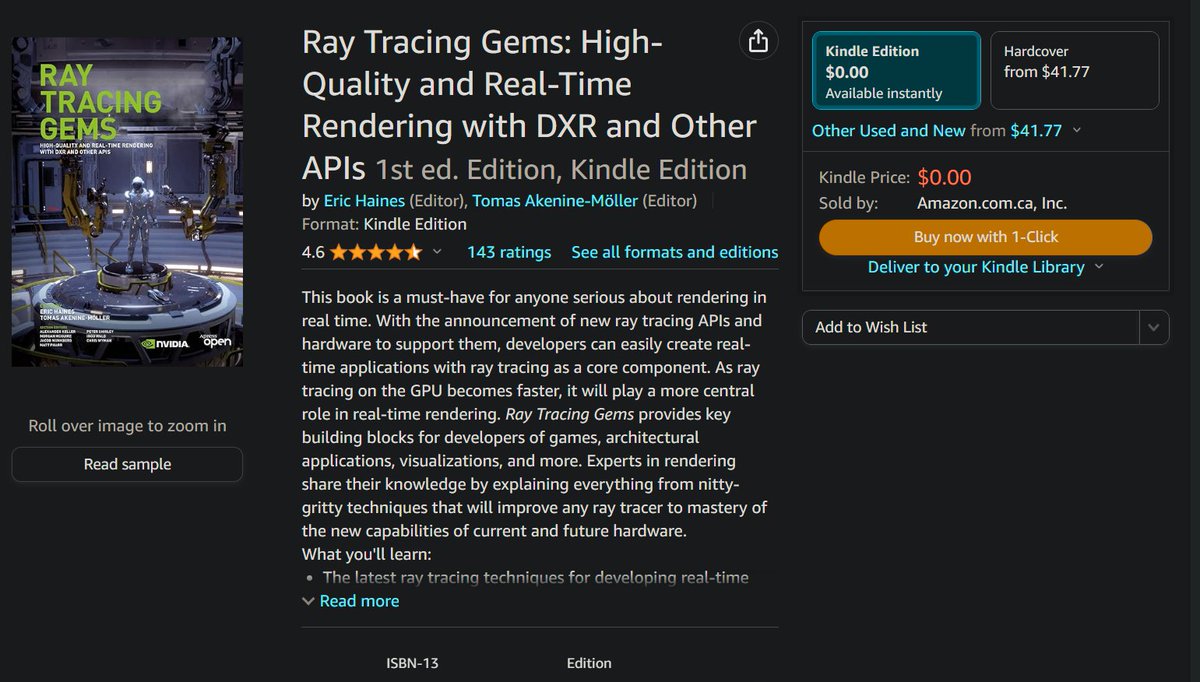 _mamoniem's tweet image. Ray Tracing games are good books, you can find them free online, but did you know that the kindle version is now free too (if you are into kindle lib)!!!
Ray Tracing Gems I: amazon.ca/Ray-Tracing-Ge…
Ray Tracing Gems II: amazon.ca/Ray-Tracing-Ge…