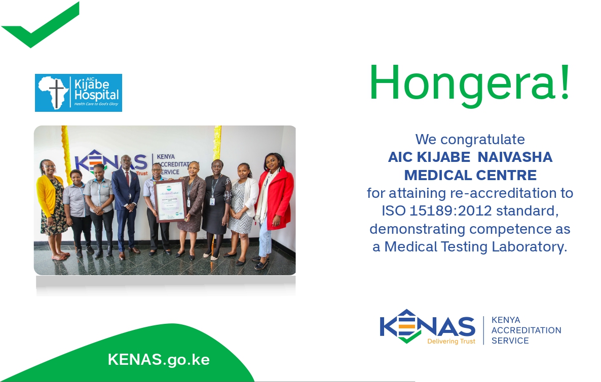 Congratulations to @KijabeHospital Naivasha Medical Centre for attaining re-accreditation to @isostandards 15189:2012 standard for Medical Testing Laboratories! Sustaining this is a great achievement. #Deliveringtrust #accreditation #medicallaboratory