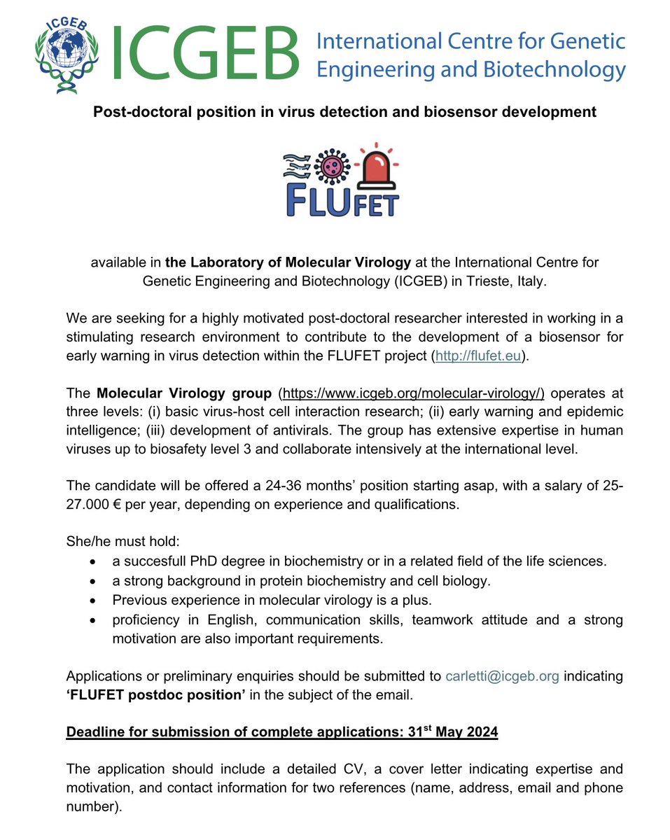 ICGEB's tweet image. Vacancy for Postdoctoral position in virus detection and biosensor development @alemarcelab  for project @flufet_EIC 

ℹ️ flufet.eu
📌 Closing date for applications: 31 May 2024

#EICTransition #Flufet