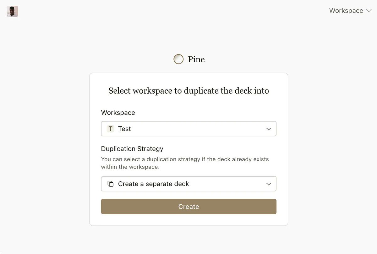 Support for duplicating a published deck is now live: pine.substack.com/p/duplicating-…

This is an important stepping stone towards creating AI-generated decks, as much of this flow will be reused when the time comes.

Inching closer now!