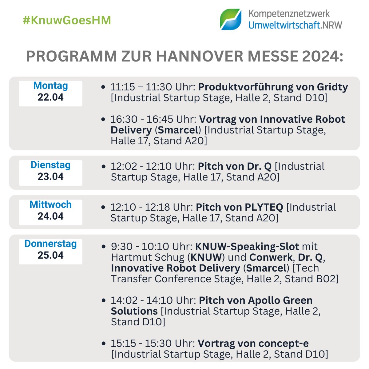 Für die diesjährige @hannover_messe vom 22. bis 26.04. haben wir ein spannendes Programm für Sie zusammengestellt! 🎉Erfahren Sie mehr über unseren KNUW-Talk und entdecken Sie die Aktivitäten unserer Start-ups der #UmweltwirtschaftNRW auf der #HM24 unter👉knuw.nrw/aktuelles/vera…