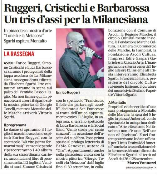 Da il #CorriereAdriatico del
11 Aprile 2024
🔴01 Luglio 2024 ore 21
@enricoruggeri
Teatro Ventidio Basso
ASCOLI PICENO 
40 Vite Senza Fermarsi Mai 
per la rassegna @LaMilanesiana Ideata e diretta da Elisabetta Sgarbi 
#EnricoRuggeri