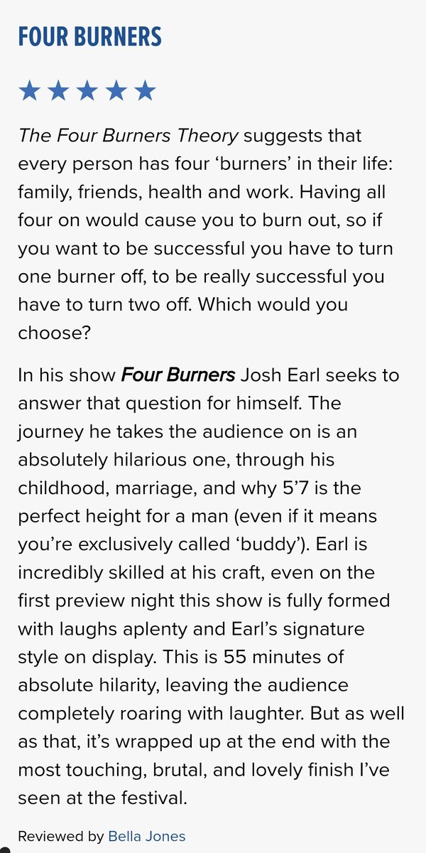 First review of Four Burners, 5 stars from the Funny Tonne. Come tonight, still tickets available joshearl.com.au/gigs