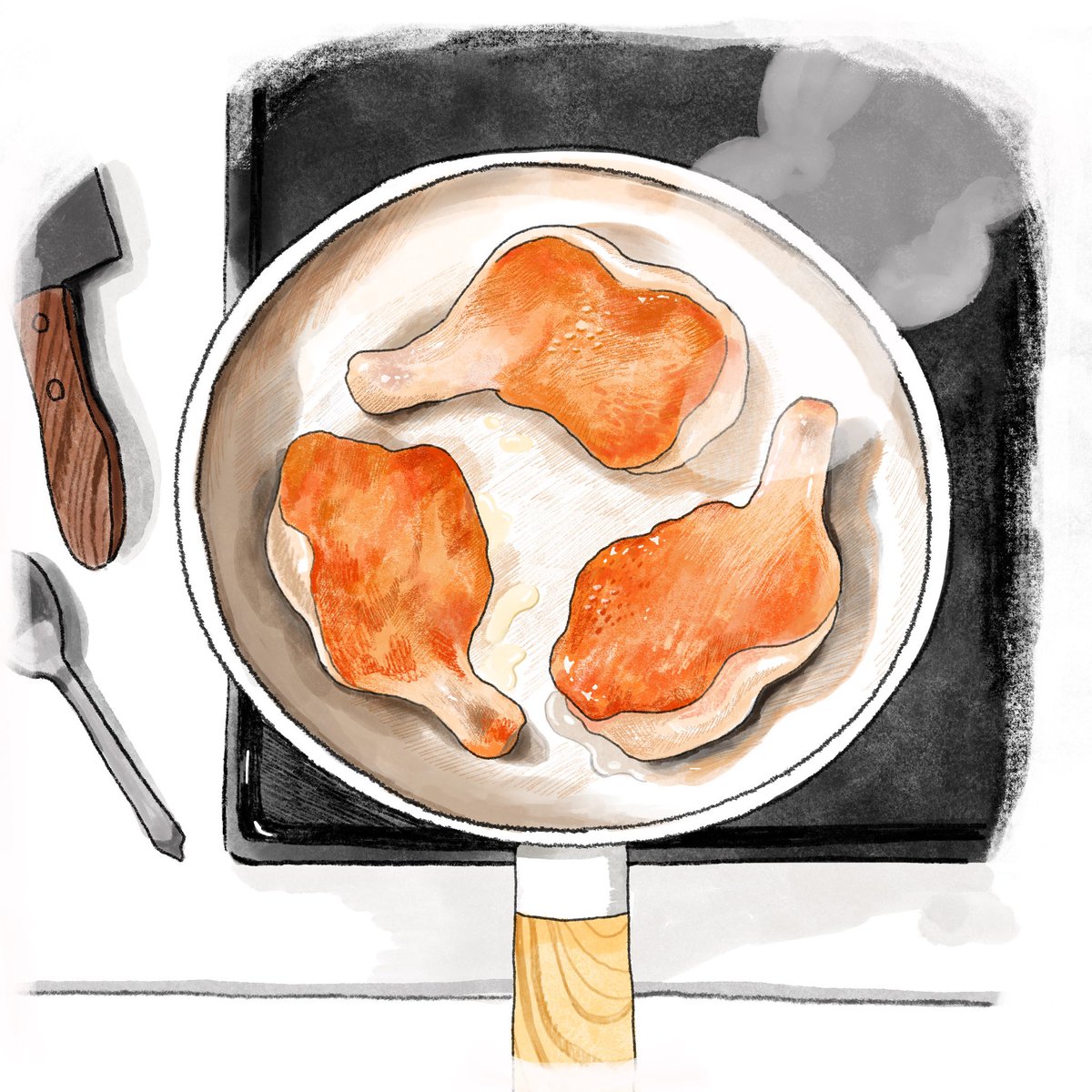 「この前、鶏もも肉焼いてたら三つ巴みたいになってた記念#食べ物イラスト 」|てらいまき@連載「めんどくさがりやの自分の機嫌を取る暮らし」のイラスト
