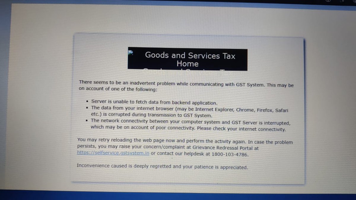 GST Portal is not working, 
There seems to be an inadvertent problem while communicating with GST System. This may be on account of one of the following:
Kindly look into the matter immediately to settle  the same or extend the date
<a href="/nsitharaman/">Nirmala Sitharaman</a> <a href="/Infosys_GSTN/">GST Tech</a> <a href="/GST_Council/">GST Council</a>  #GSTR1