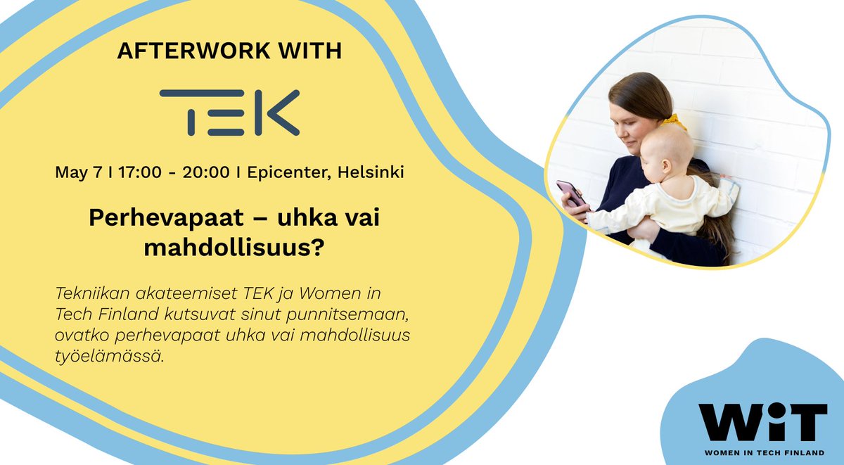 Tule aftereille TEKin ja @womenintechfi kanssa 7.5. klo 17 Helsinkiin! Kuulemme huippupuhujia: Annica Moore @MiB_ry, kirjailija @janitoivola ja TEKin @SusannaBairoh. Esitysten jälkeen on tapaksia ja verkostoitumista. Ilmoittaudu: tek.fi/fi/tapahtumat/…