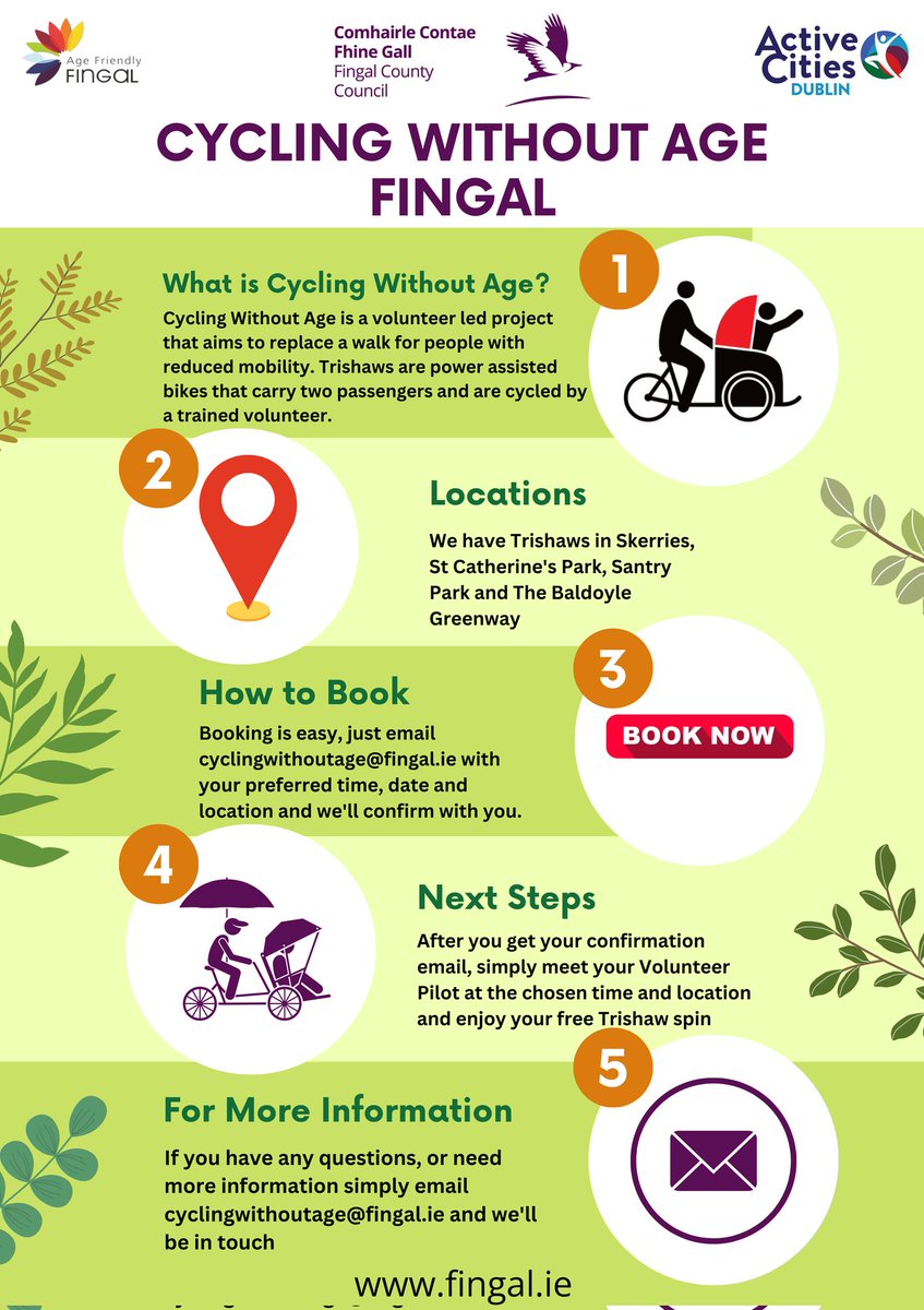 Cycling Without Age is a great way for people with reduced mobility to get out & feel the wind in their hair. We have 4 Trishaws in Fingal & we're ready to take you for a spin! Booking is free & and easy. Email cyclingwithoutage@fingal.ie with your preferred location, time & date