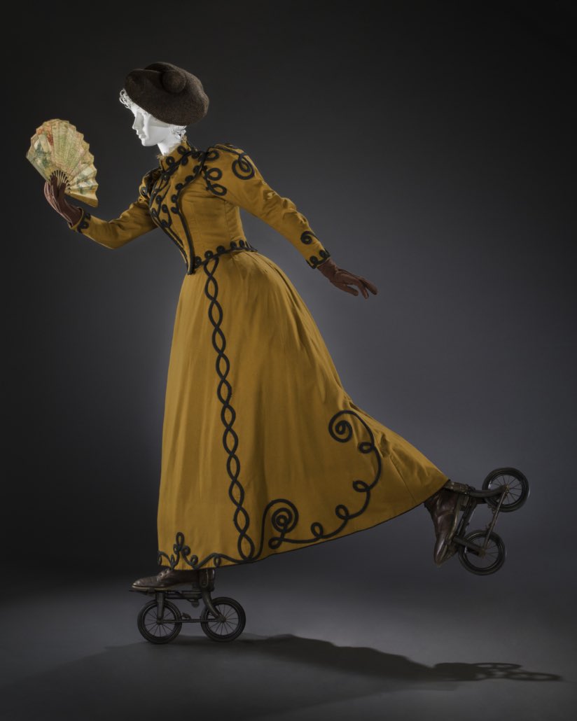 Is she skating along some coastal promenade in her smart 1890s tailormade? I am going to say yes. If you would like to come to our conference The Beach and Beyond @FalmouthUni in July there is still time to submit an abstract so get your skates on! Link in bio. Dress @FIDMMuseum