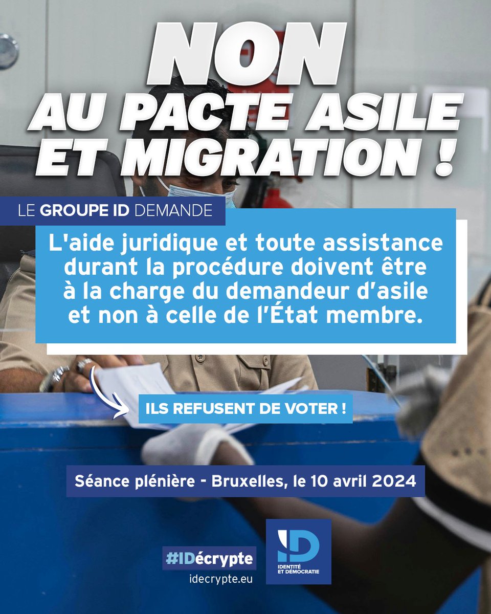 🔴 « L'aide juridique et toute assistance durant la procédure doivent être à la charge du demandeur d'asile et non à celle de l'État membre. » 🇫🇷 La Délégation française du Groupe ID le proposait, les technocrates l'ont refusé ! #EPlenary