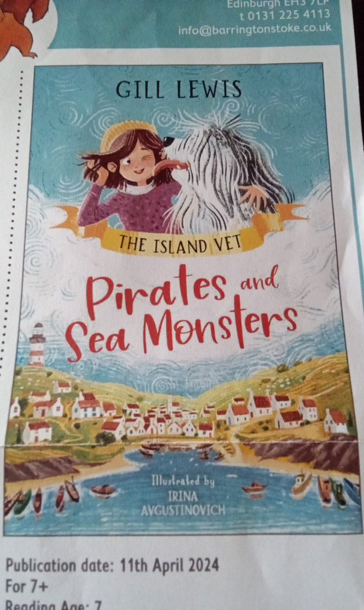 Happy book birthday to #PiratesAndSeaMonsters @gill__lewis #IrinaAvgustinovich @BarringtonStoke Tia and her Mum start a new life on Gull Haven Island as island vet, but the first day isn't as easy as they might have wanted.