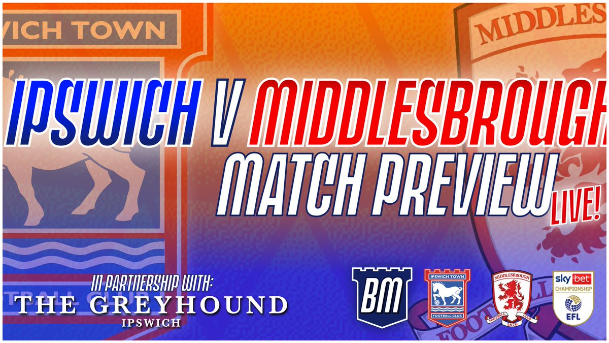 ⏰ **TONIGHT AT 8PM!!** ⚽️ #ITFC v #Boro Match Preview 📺 Available live on YouTube then on demand on podcast afterwards 🎧 🤝 @TheGreyhoundIps