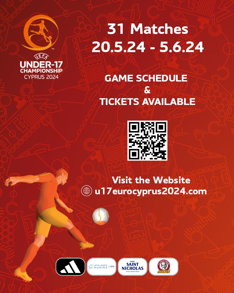 UEFA EURO U-17 Cyprus 2024
Τα εισιτήρια των αγώνων της τελικής φάσης του EURO U-17 είναι στη διάθεση των φιλάθλων! 
Πληροφορίες και εισιτήρια ⬇️
#cyprusu17 #u17euro #u17eurocyprus24 
Group Games tickets and schedule available!
ℹ️uefaeuro17.cfa.com.cy
🎟️u17eurocyprus2024.com