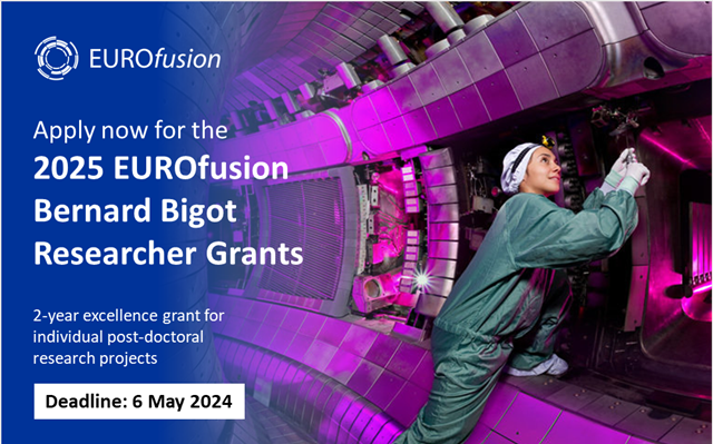 FusionInCloseUp's tweet photo. Join us this afternoon for our information session about the 2025 EUROfusion Bernard Bigot Researcher Grants!

Date: Thursday, 11 April 2024
Time: 14.00 CEST
Connection link: Teams Meeting (Meeting ID: 367 559 786 099, Passcode: jAWZ3f)
Email: ERG25application@euro-fusion.org https://t.co/iknqBMOjUu