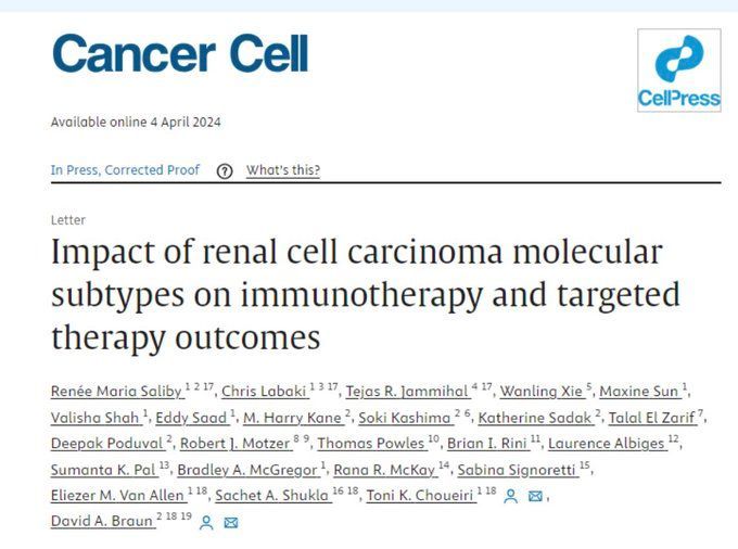 ⚡️New study - 'Impact of renal cell carcinoma molecular subtypes on immunotherapy and targeted therapy outcomes - sheds light on treatment responses in metastatic RCC. #kidneyCancer #Immunotherapy buff.ly/3VVvcEm