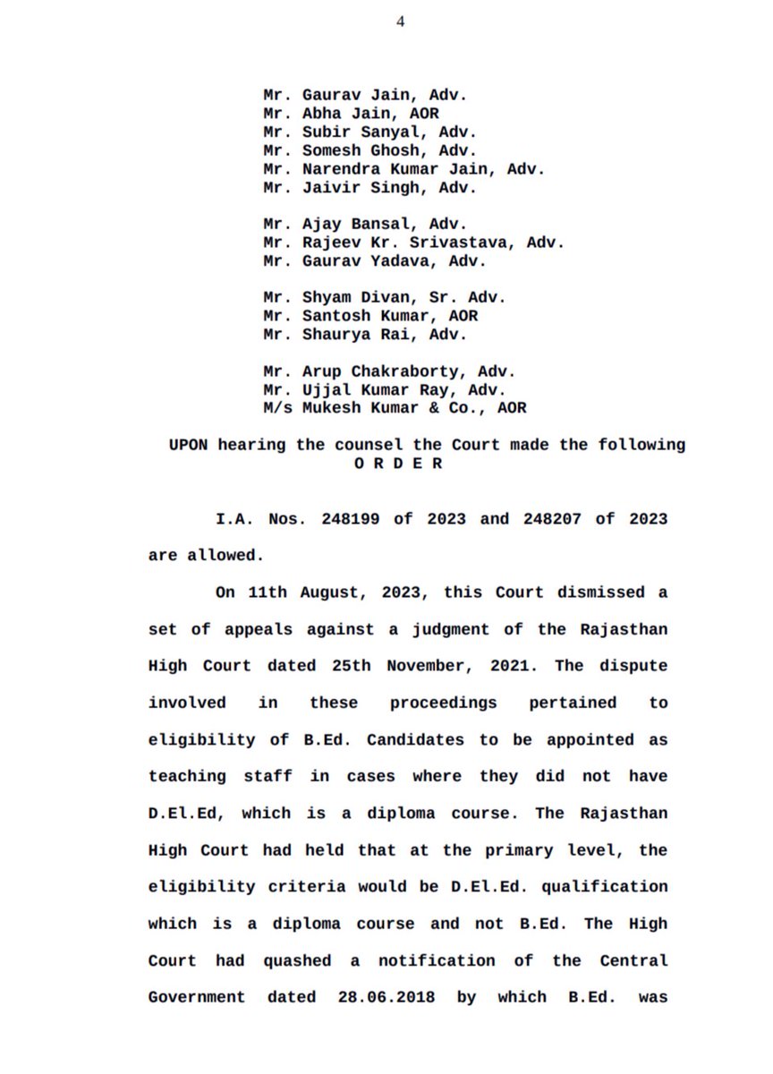सुप्रीम कोर्ट ने Deled vs Bed मामले में मध्यप्रदेश राज्य की clarification याचिका पर आदेश दिया।। 
पेज नम्बर  7-8 
Subject to outcome की ताकत देखिए
छत्तीसगढ़ हाईकोर्ट ने 6 महिने से कार्यरत Bed शिक्षको को हटाने के आदेश
बिहार हाइकोर्ट ने 2 वर्ष से कार्यरत Bed को हटाने का आदेश 
1/2