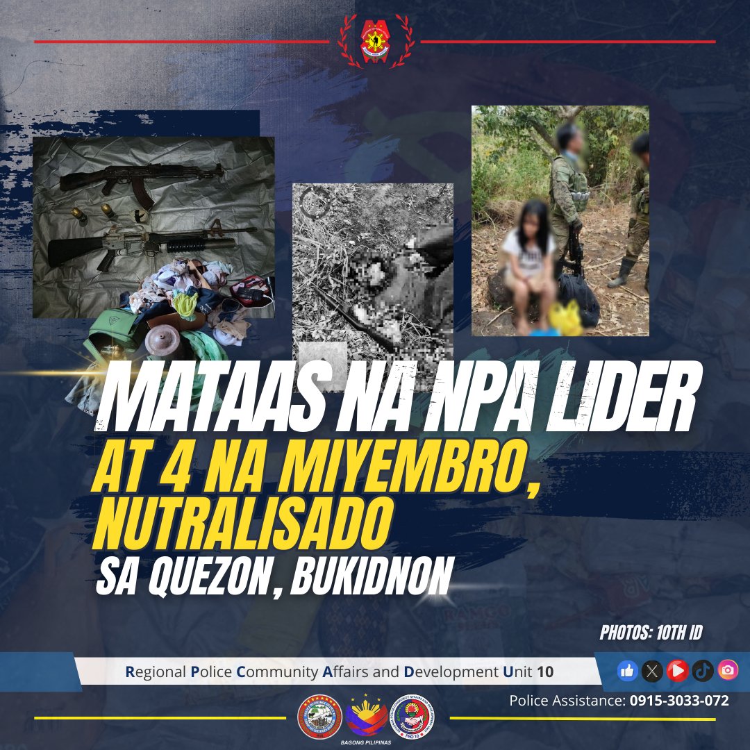 Na-nutralisa mga tropa ng 1003rd Infantry (Raptor) Brigade at Quezon Municipal Police Station (MPS) ang isang mataas na lider ng NPA at apat sa nalalabing miyembro ng Southern Mindanao Regional Committee (SMRC), sa enkwentro sa Purok 8, Barangay Butong, Quezon, Bukidnon kahapon.…