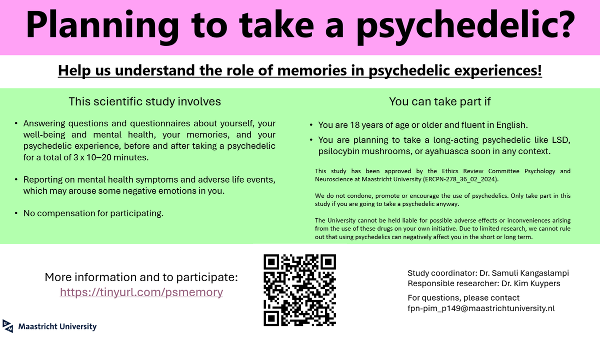 Planning to take a psychedelic soon? Please join our study to understand the role of memories in psychedelic experiences at tinyurl.com/psmemory! Anyone planning to take any long-acting psychedelic in any context can join. The first part will take max 10 mins. Please share!