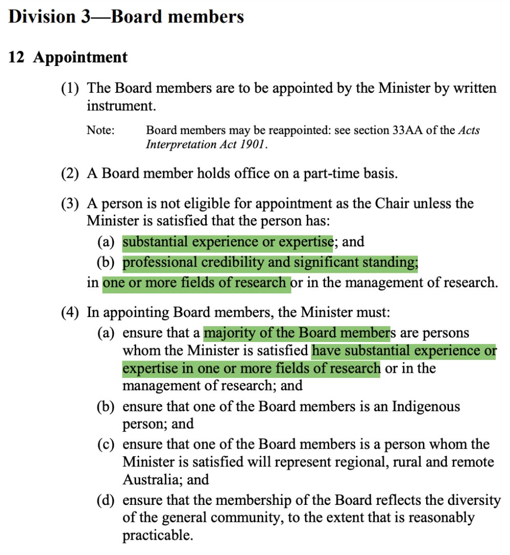 Say you had to recruit ARC Board members. Do you: a) Exclude *all uni researchers* coz they'll be conflicted with a few individual grant apps (& despite ARC's existing systems for managing conflicts) or b) Maximise pool to follow the new legislation👇 🤔