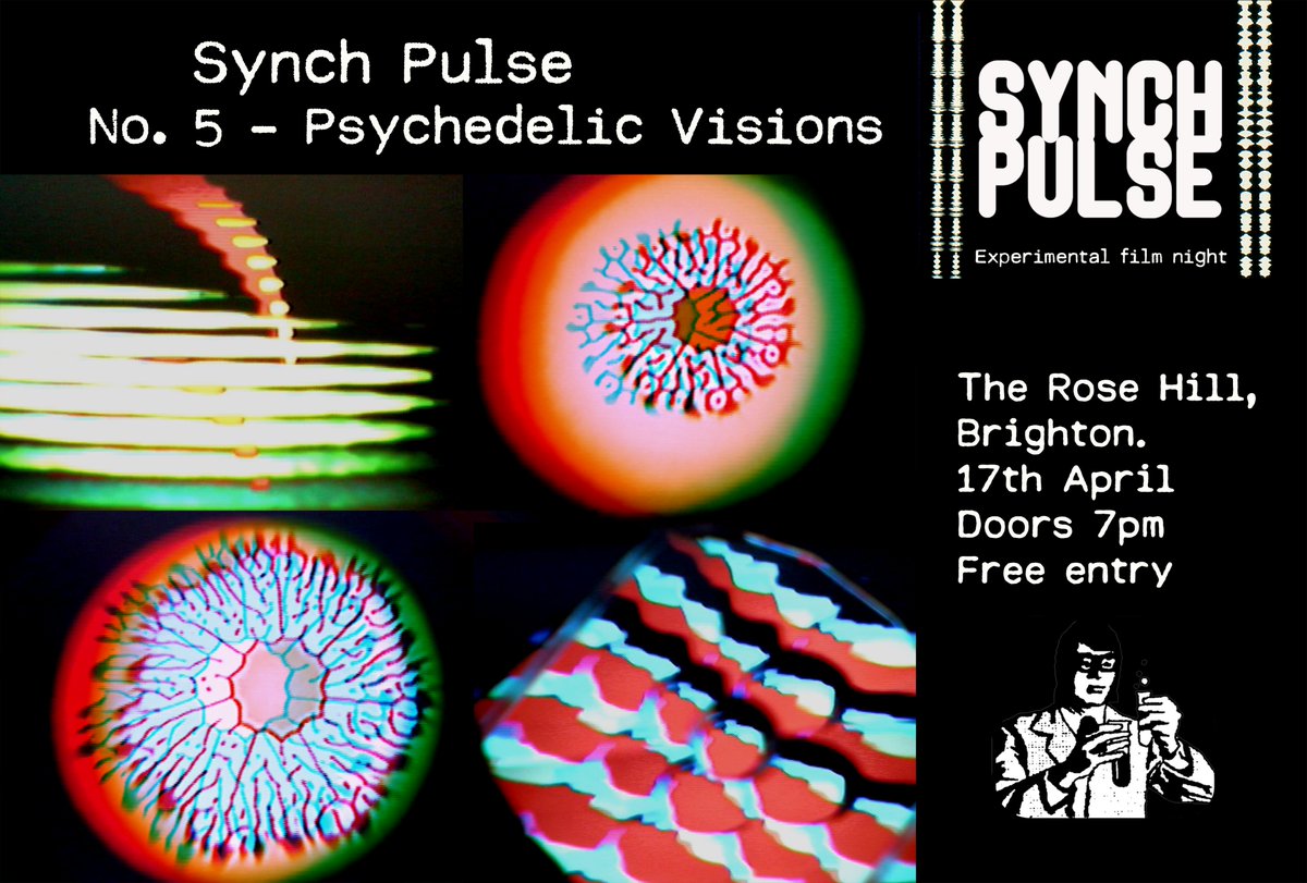 The fifth Synch Pulse experimental film evening goes psychedelic, with a programme of shorts awash with mind-boggling imagery and sounds, including video feedback, strange adverts, eye-popping colours, and a platoon of British army soldiers on LSD. therosehill.co.uk/events/synch-p…